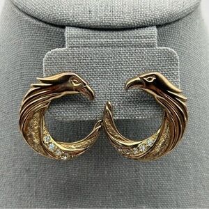 Large Statement Runway Gold Tone Hawk Head Stud Pierced Earrings Rhinestones